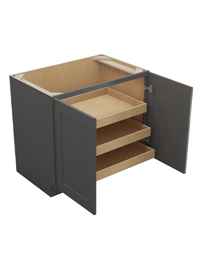 SG-B36FH3RS: Shaker Grey 36″ Double Full Height Door Three Rollout Shelf Base Kit