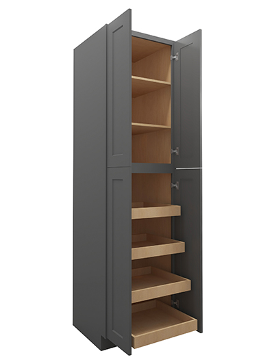 SG-U2490244RS: Shaker Grey 24″ Four Door Utility, Four Rollout Shelf Cabinet 90″ H