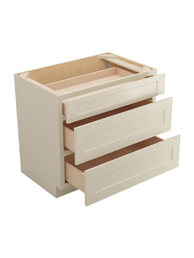 SA-3DB36: Shaker Antique White 36″ Three Drawer Base Cabinet