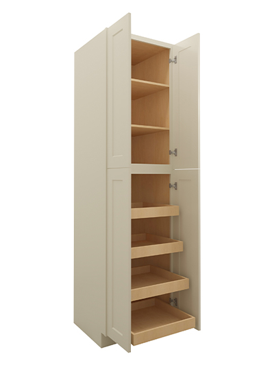 SA-U2490244RS: Shaker Antique White 24″ Four Door Utility, Four Rollout Shelf Cabinet 90″ H