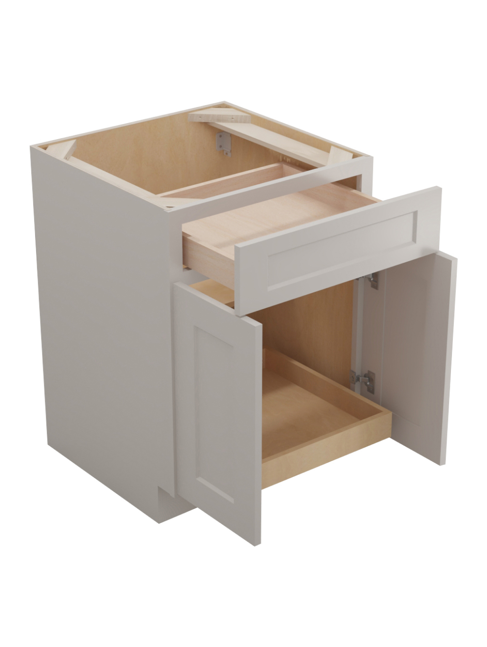 SD-B241RS: Shaker Dove 24″ Double Door Single Drawer One Rollout Shelf Base Kit
