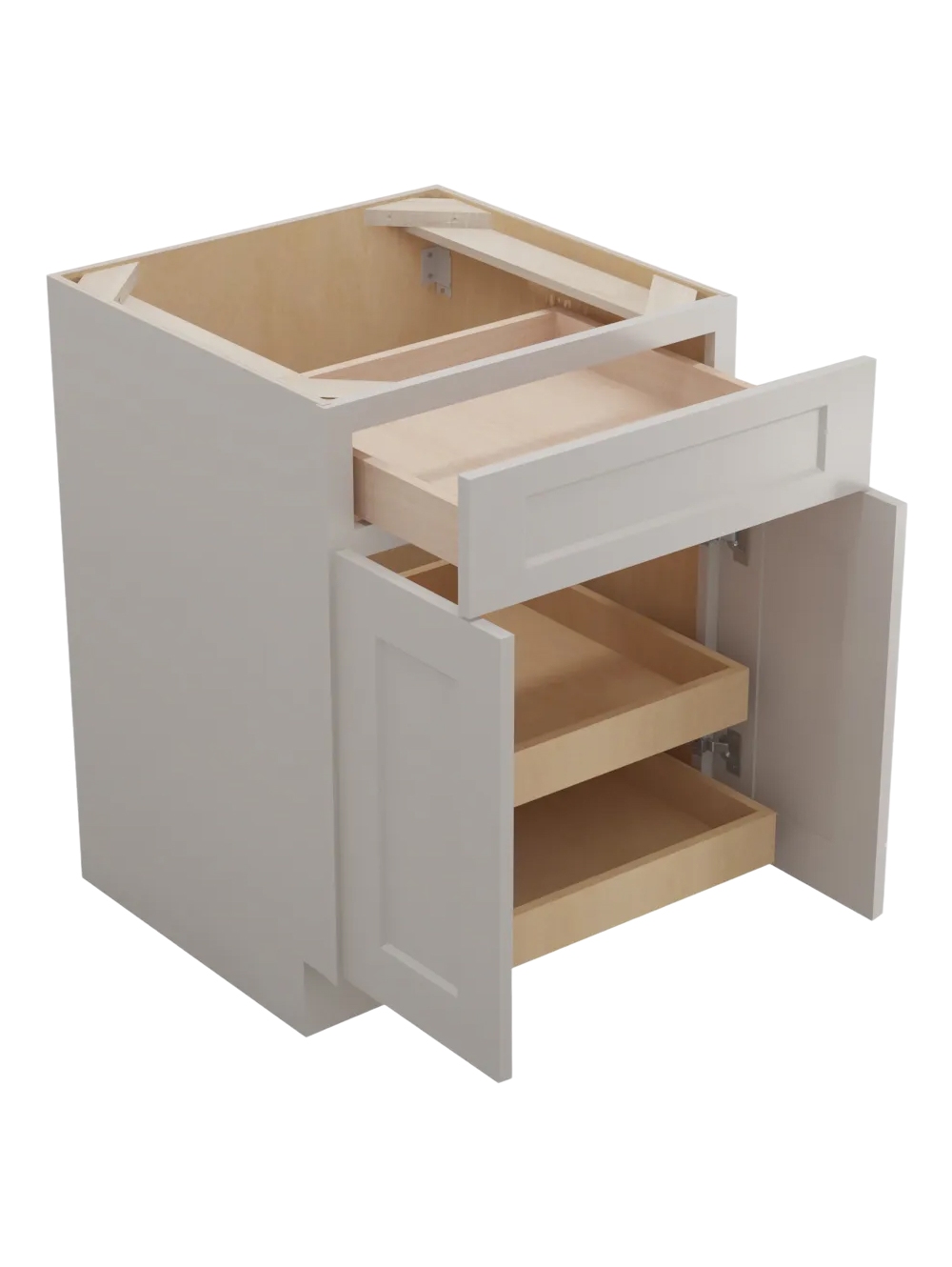 SD-B242RS: Shaker Dove 24″ Double Door Single Drawer Two Rollout Shelf Base Kit