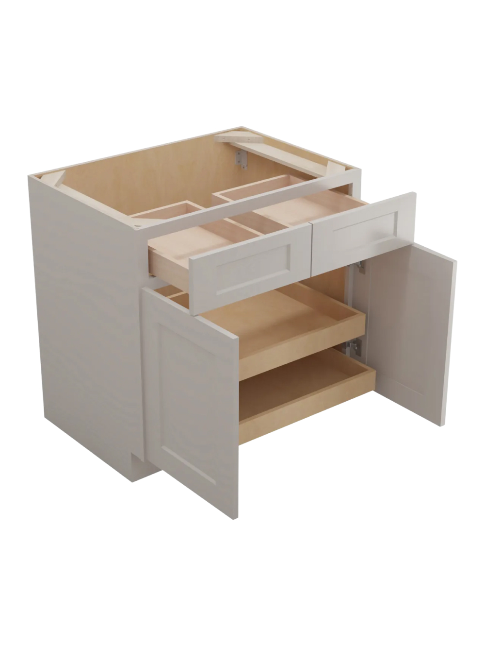 SD-B332RS: Shaker Dove 33″ Double Door Double Drawer Two Rollout Shelf Base Kit