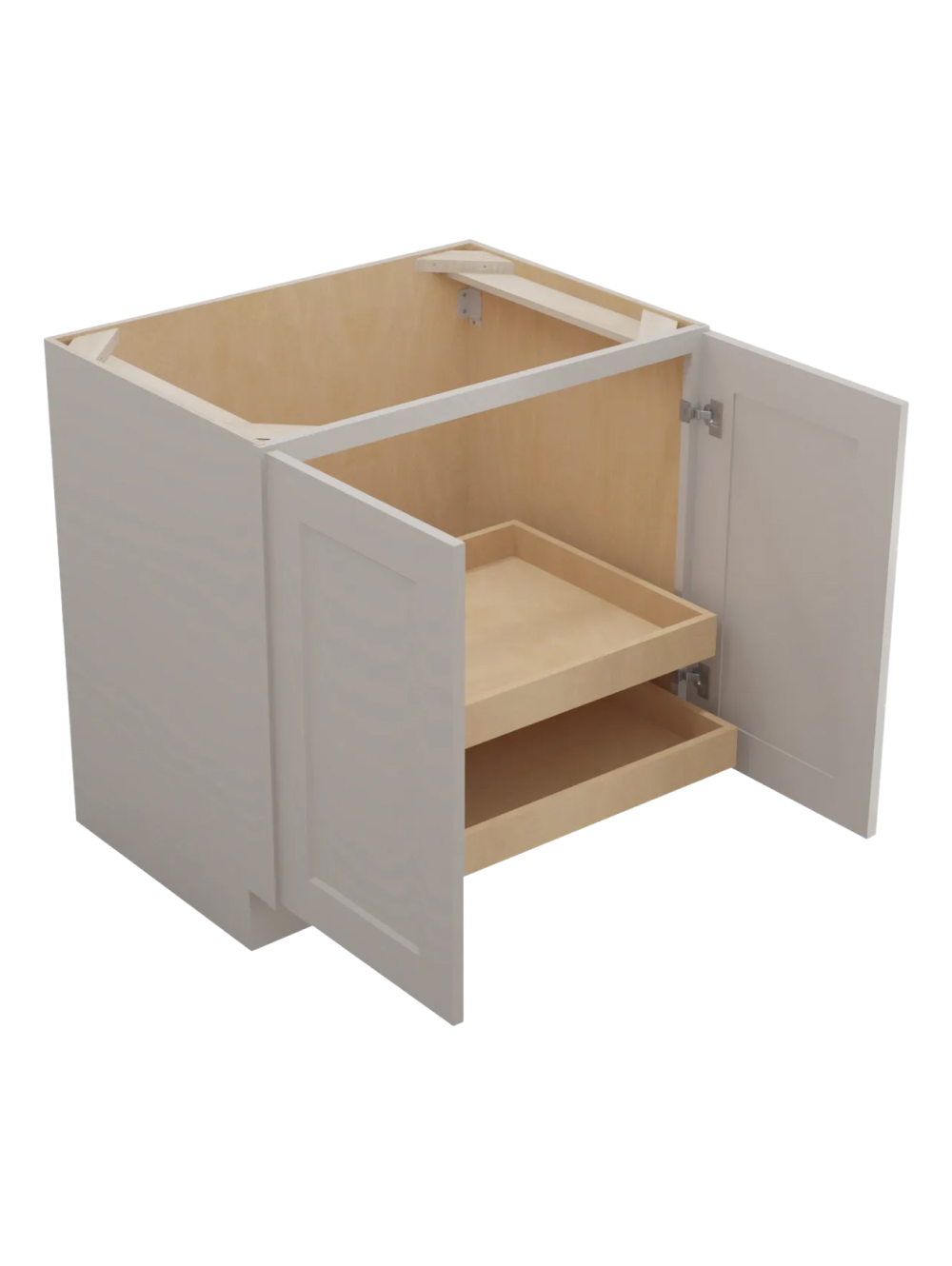 SD-B33FH2RS: Shaker Dove 33″ Double Full Height Door Two Rollout Shelf Base Kit