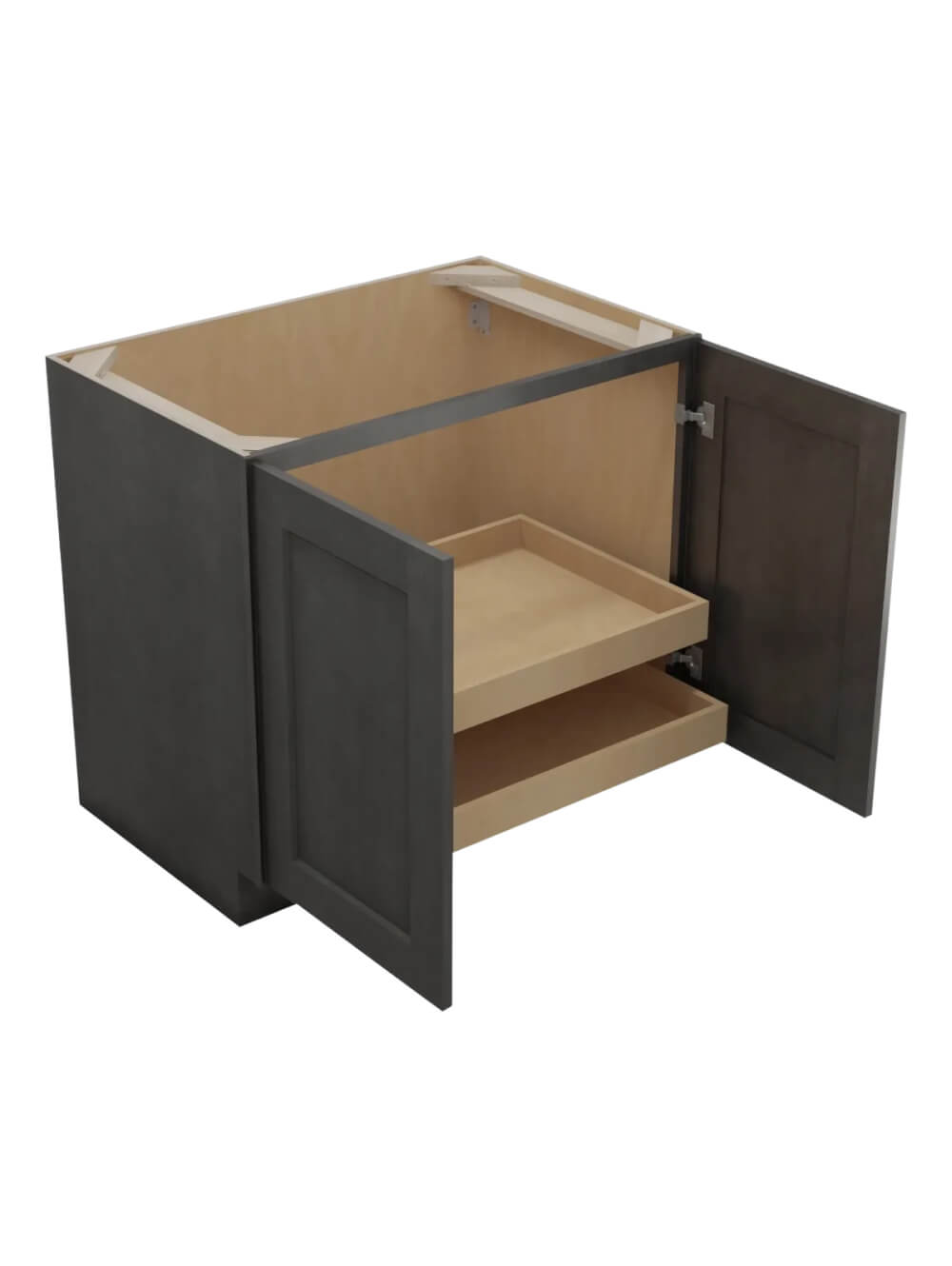 SCN-B36FH2RS: Shaker Cinder 36″ Double Full Height Door Two Rollout Shelf Base Kit